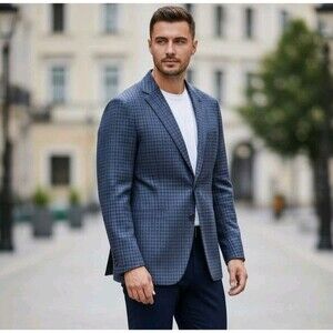 $898 JOHNNIE-O Blazer Mens 46L Elmwood Carlo Barbera Lake Blue Plaid Sportscoat